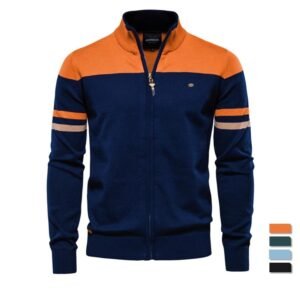 Men’s 100% Cotton Zipper Cardigan Casual Patchwork Knitted Sweater for Youth