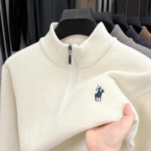 Men’s Thick Knit Pullover Mock Neck Half-Zip Sweater Casual Fashion with Embroidery