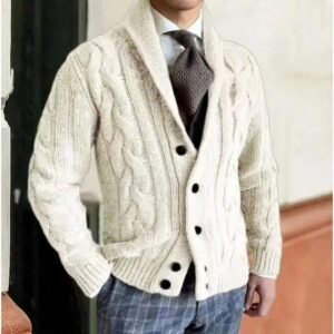 Men’s Chunky Knit Cashmere Cardigan V-Neck Open Front Soft Winter Sweater