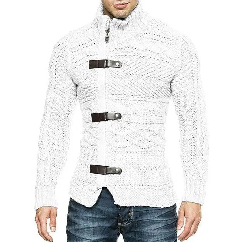 12080-5649a3.jpeg Men’s Long Sleeve Knit Cardigan Coat Turtleneck Leather Buckle Sweater Jacket