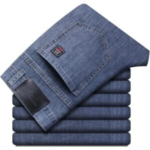 Men's Stretch Cotton Jeans Elastic Fashion Business Straight Casual Denim Thin Trousers