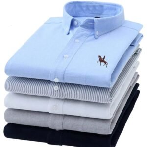 Men's Long Sleeve Oxford Shirt Embroidery Horse Design Regular Fit Fashion Button