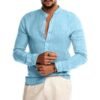 Men's Stand Collar Linen Shirt Light Blue Long Sleeve Button Down Casual