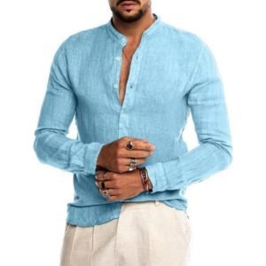 Men's Stand Collar Linen Shirt Light Blue Long Sleeve Button Down Casual