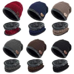 Knitted Winter Beanie Hat Fleece Scarf Men Women Warm Cap Thick Wool Neck Warmer