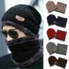 Thick Wool Winter Hat Men Fleece Scarf Women Leather Neck Knitted Cap Ski Mask