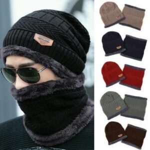 Thick Wool Winter Hat Men Fleece Scarf Women Leather Neck Knitted Cap Ski Mask
