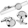 HAWSON Silver Plated Initial Cufflinks Set Personalized A-Z Tie Clip and Shirt Accessories for Men