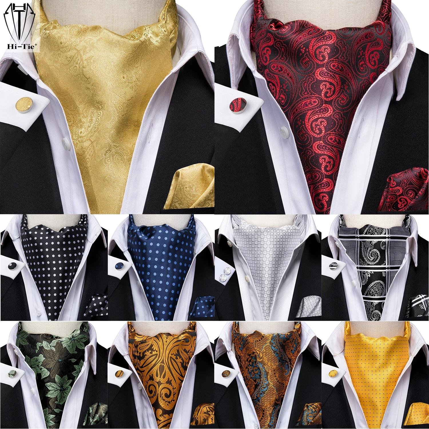 16367-5244f3.jpeg Hi-Tie Vintage Paisley Ascot Tie Set Silk Cravat with Hanky and Cufflinks
