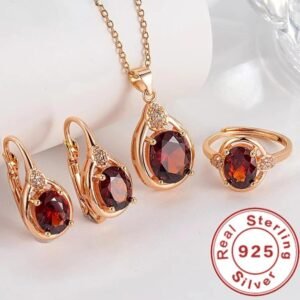 Exquisite Ruby Necklace Earrings Ring Set 925 Silver Women Party Jewelry