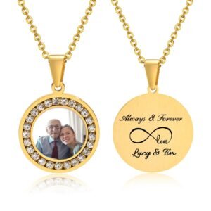 Personalized Picture Necklace Custom Round Pendant CZ Stainless Steel Adjustable Chain Gift