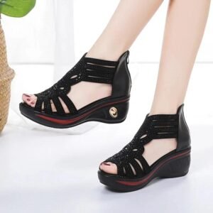 Women’s Rhinestone Sandals Soft Sole Wedge Heels Hollow Out Roman Style Shoes