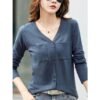 Women’s Long Sleeve Slub Cotton T-Shirt V-Neck Button Solid Color Loose Fit Top