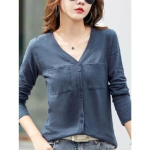 Women’s Long Sleeve Slub Cotton T-Shirt V-Neck Button Solid Color Loose Fit Top
