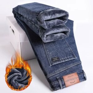 Men's Slim Straight Jeans Fleece Thick Warm Elastic Denim Casual Plush Trousers
