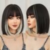 14 Inch Short Straight Wig Black Synthetic Hair with White Highlights Natural Looking Bob Wig