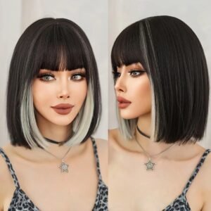 14 Inch Short Straight Wig Black Synthetic Hair with White Highlights Natural Looking Bob Wig