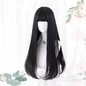 Women Long Straight Black Wig with Bangs Synthetic Heat Resistant Cosplay Lolita Hair Wig