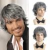 Men’s Short Curly Grey Wig 10 Inch Synthetic Heat Resistant Wig with Bangs for Daily Use
