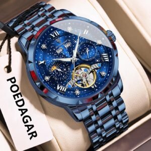 POEDAGAR Luxury Automatic Mechanical Watch Hollow Tourbillon Stainless Steel Men’s Wristwatch Date
