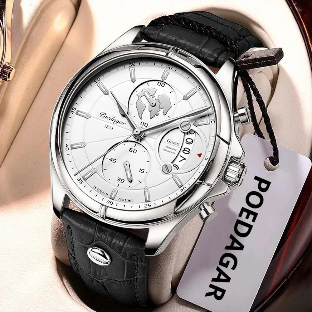 19437-f76902.jpeg POEDAGAR Men’s Sports Chronograph Watch Leather Strap Waterproof Quartz Date Wristwatch
