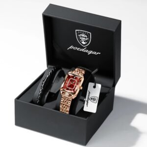 POEDAGAR Fashion Women Watch Rectangle Stainless Steel Quartz Waterproof Date Wristwatch