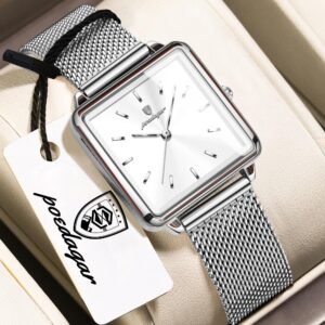 POEDAGAR Women Mesh Stainless Steel Watch Square Elegant Quartz Waterproof Ladies Wristwatch