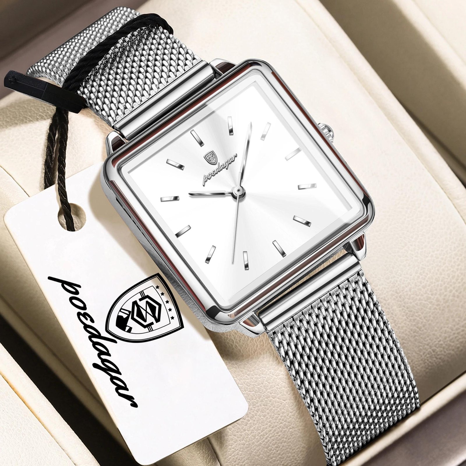 19601-8bd8da.jpeg POEDAGAR Women Mesh Stainless Steel Watch Square Elegant Quartz Waterproof Ladies Wristwatch