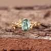 Oval Moss Agate Cocktail Ring Real 925 Sterling Silver Leaf Branch Ring for Women