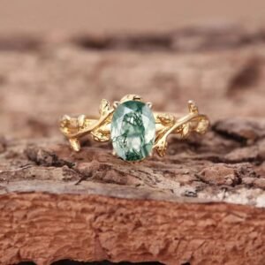Oval Moss Agate Cocktail Ring Real 925 Sterling Silver Leaf Branch Ring for Women