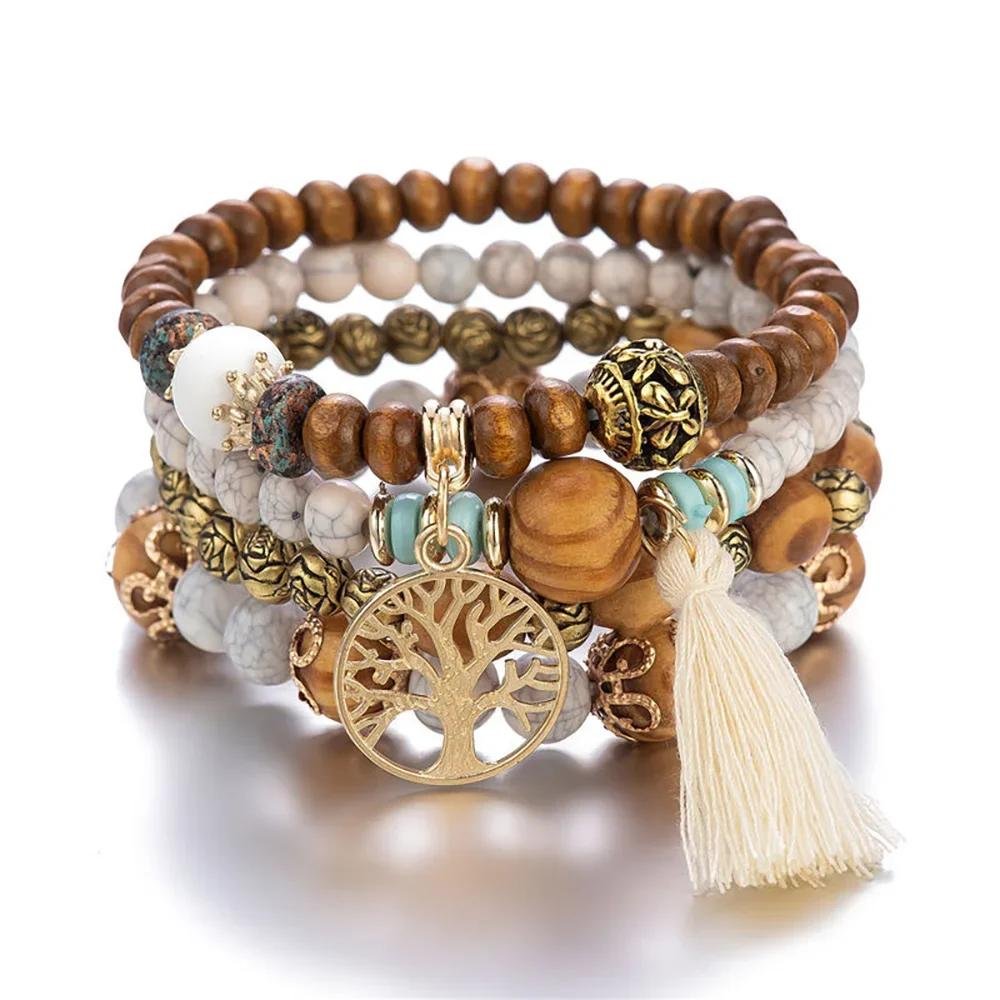 21543-30782c.jpeg 4PCS Boho Wooden Beaded Bracelet Set Tree of Life Tassel Elastic Bangles for Women Bohemian Jewelry