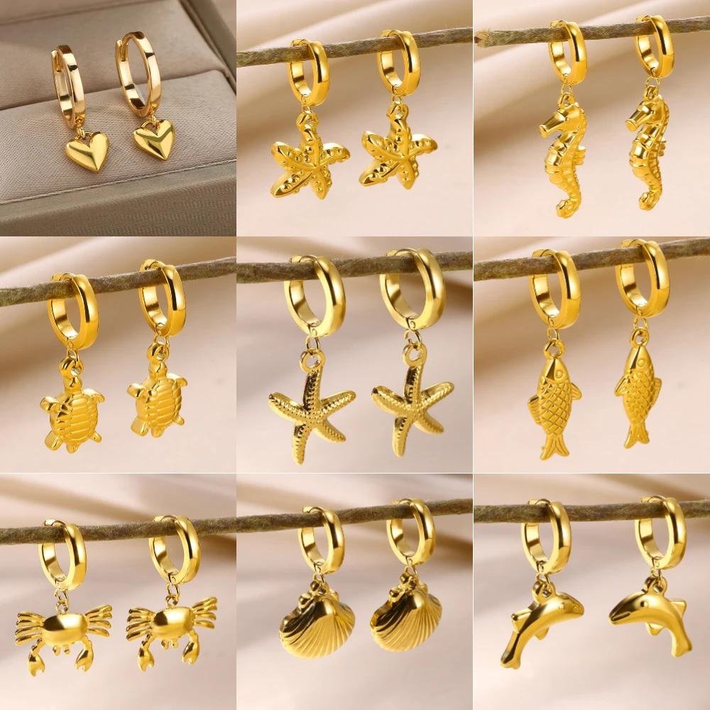 22488-a221ba.jpeg Women’s Gold Color Starfish Shell Earrings Stainless Steel Hoop Jewelry Beach Style Accessories