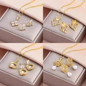 18K Gold Plated Neck Chain Earrings Set Fashion Women Party Jewelry Daily Wear Accessories