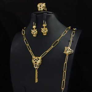 Vintage Leopard Head Jewelry Set 21K Gold Plated Hip Hop Panther Necklace for Women