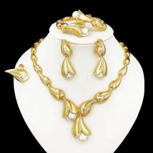 Elegant 4PCS Freshwater Pearl Set Italy Style 18K Gold Plated Water Drop Jewelry for Women