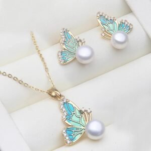 Freshwater Pearl Jewelry Set 925 Silver Necklace Earrings Elegant Women Wedding Set