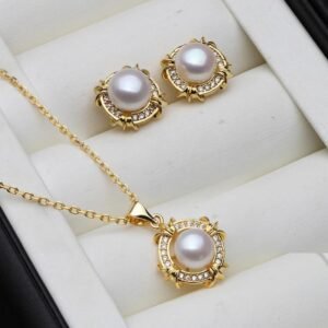 Freshwater Pearl Jewelry Set 18K Gold Plated Necklace Earrings Elegant Women Accessories