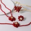 GLSEEVO Coral Pearl Jewelry Set Women Ring Earrings Necklace Fashion Accessories