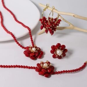 GLSEEVO Coral Pearl Jewelry Set Women Ring Earrings Necklace Fashion Accessories
