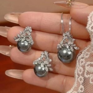 Elegant Grey Pearl Jewelry Set Leaf Design Necklace Earrings with CZ Zircon Women Fashion