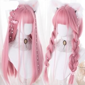 LM Pink Straight Wig for Women 24 Inch Cosplay Hair with Bangs