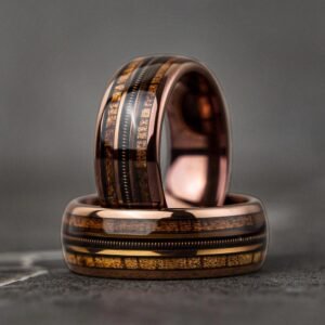 Men's Rose Gold Guitar String Ring with Koa Wood Inlay 8mm Band