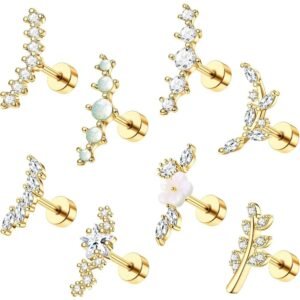 Opal CZ Flat Back Cartilage Stud 16G Stainless Steel Earring